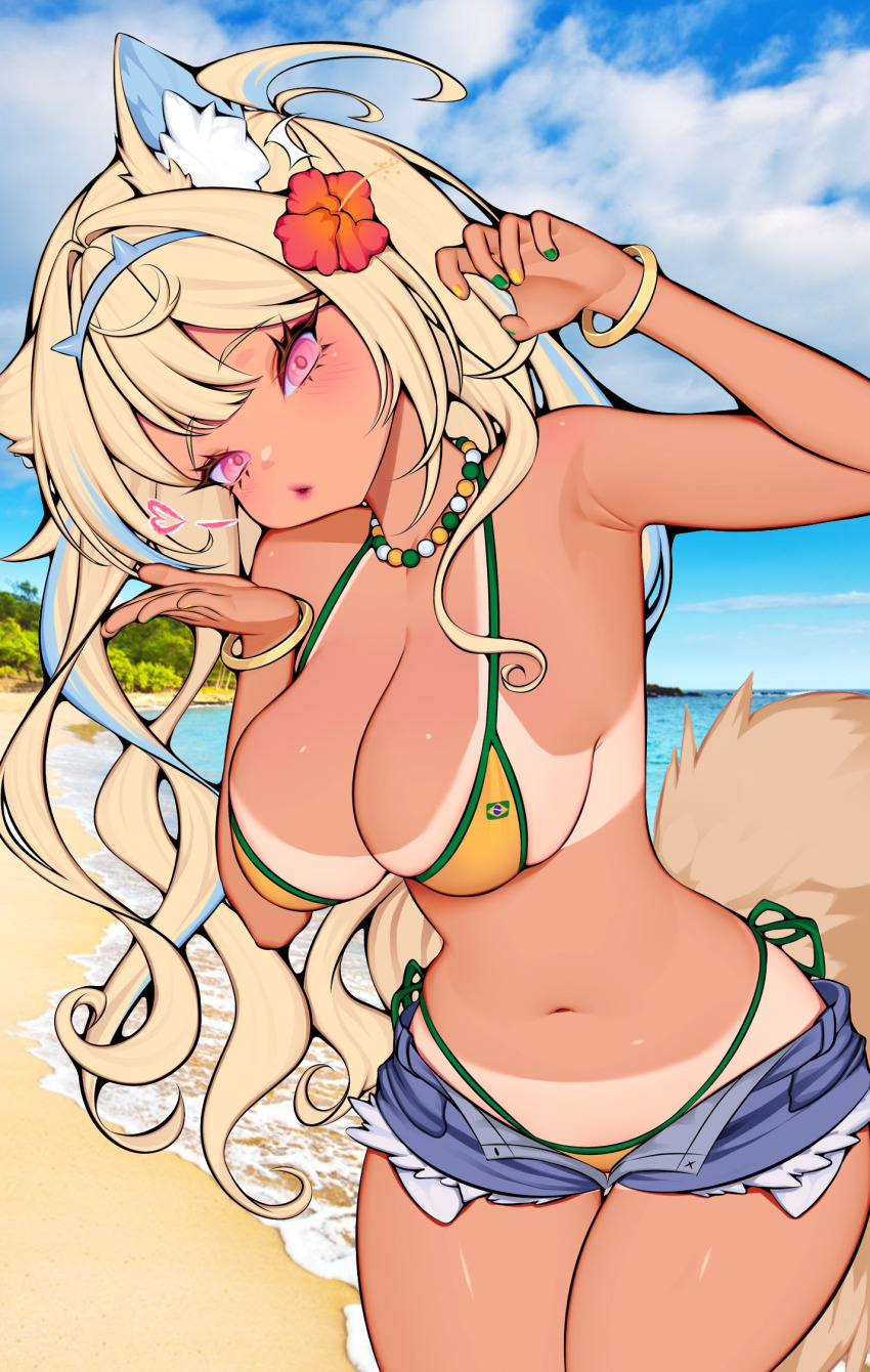 1girl ark_evil02 beach bikini bikini_top_only brazilian_miku_(cosplay) cosplay fuwawa_abyssgard highres swimsuit tan tanline