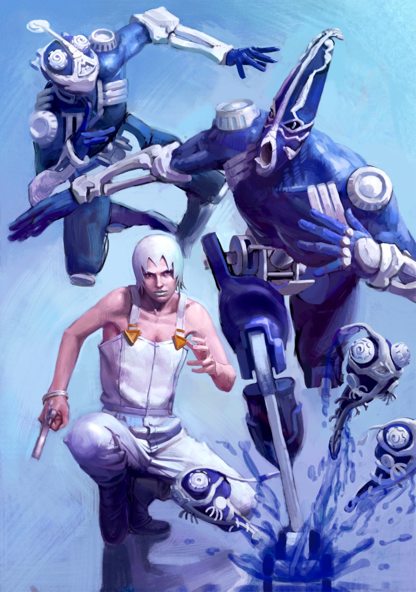 1girl bad_id bad_pixiv_id foo_fighters_(jojo) foo_fighters_(stand) gun highres jojo_no_kimyou_na_bouken multiple_persona overalls shiro_ymko short_hair stand_(jojo) stone_ocean weapon