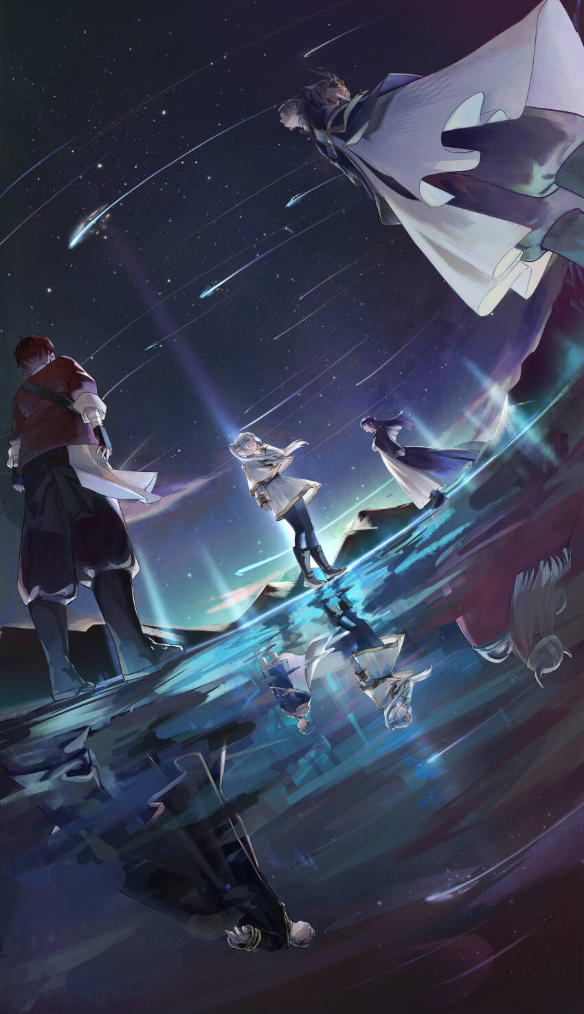 2girls 5boys absurdres bandaged_arm bandages beard black_hair black_robe blue_eyes blue_hair blunt_bangs capelet cloak closed_mouth coat different_reflection dress dwarf earrings eisen_(sousou_no_frieren) elf facial_hair fake_horns fern_(sousou_no_frieren) frieren glasses green_eyes grey_cloak heiter helmet highres himmel_(sousou_no_frieren) horned_helmet horns jacket jewelry lake long_beard long_hair long_sleeves meteor_shower multicolored_hair multiple_boys multiple_girls night night_sky outdoors pantyhose parted_bangs pointy_ears purple_eyes purple_hair red_cloak red_coat red_hair reflection reflective_water robe satellite999 sein_(sousou_no_frieren) shirt short_hair sky smile sousou_no_frieren standing standing_on_liquid star_(sky) stark_(sousou_no_frieren) starry_sky straight_hair striped_clothes striped_shirt twintails water white_capelet white_cloak white_dress white_hair