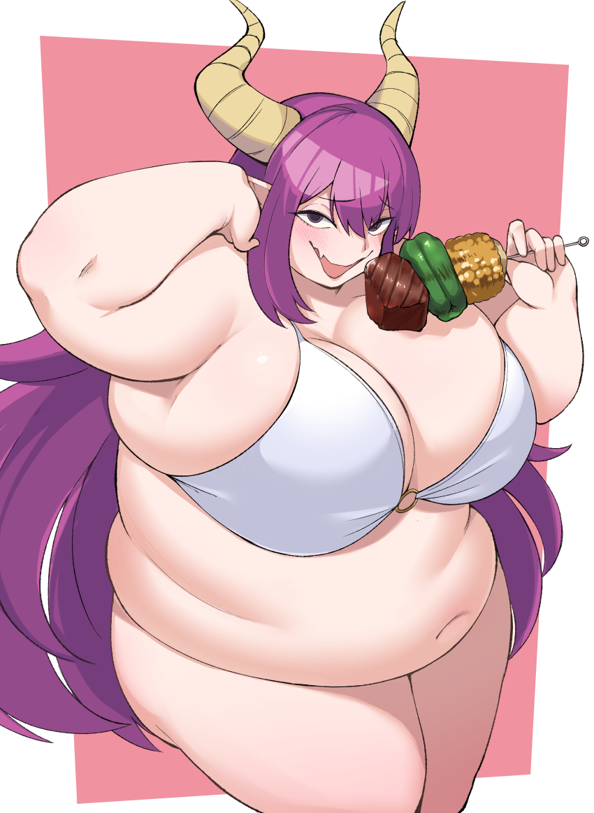 1girl absurdres arm_up belly bifizu&#039;s_gold bikini blush breasts cleavage crazy_smile demon_girl demon_horns eating empty_eyes fang fat fat_woman food highres holding holding_food horns huge_breasts large_breasts long_hair navel o-ring o-ring_bikini open_mouth original pointy_ears purple_eyes purple_hair shish_kebab smile solo standing swimsuit thick_arms white_bikini