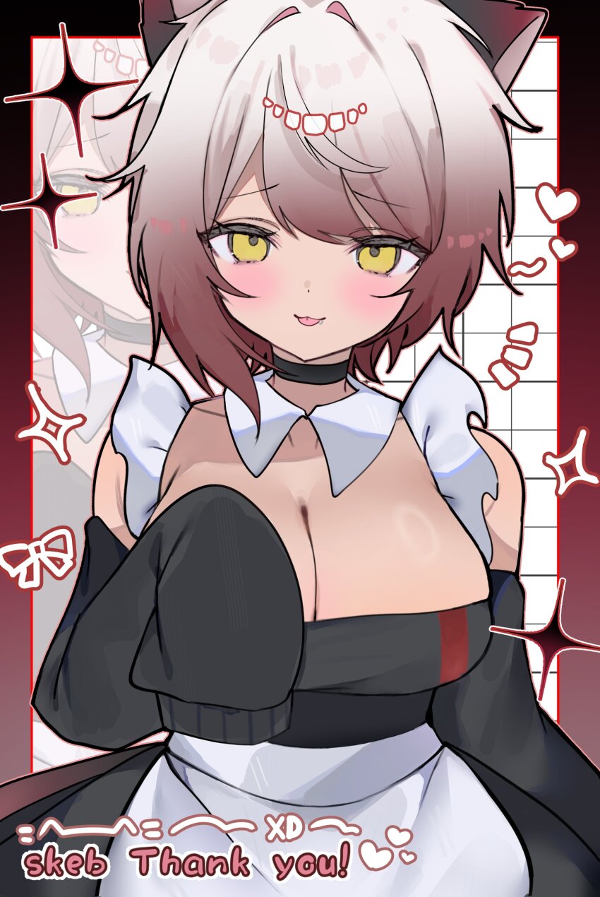 1girl absurdres animal_ears apron black_choker black_dress blush breasts brown_hair choker cleavage collar commission detached_collar dress gradient_hair heart highres indie_virtual_youtuber large_breasts multicolored_hair savii_(vtuber) second-party_source short_hair skeb_commission sleeves_past_fingers sleeves_past_wrists solo tea_0je thank_you tongue virtual_youtuber waist_apron white_apron white_collar white_hair yellow_eyes