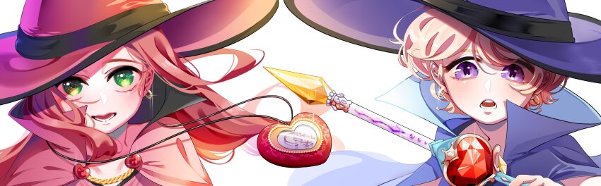 2girls absurdres blush cape chocolat_meilleure gimdori green_eyes hat heart_pendant highres holding_pendant korean_commentary long_hair looking_at_viewer multiple_girls open_mouth orange_hair pink_cape pink_hat purple_cape purple_eyes purple_hat short_hair simple_background sugar_sugar_rune vanilla_mieux white_background witch witch_hat