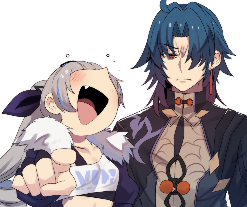 &gt;:( 1boy 1girl :d absurdres black_jacket blade_(honkai:_star_rail) blue_hair blush commentary coral_(pokemon) crop_top fang fur-trimmed_jacket fur_trim grey_hair highres hinghoi honkai:_star_rail honkai_(series) jacket laughing meme midriff nintendo open_mouth pointing pointing_at_viewer pokemon shirt sidian_(pokemon) silver_wolf_(honkai:_star_rail) smile upper_body v-shaped_eyebrows white_shirt