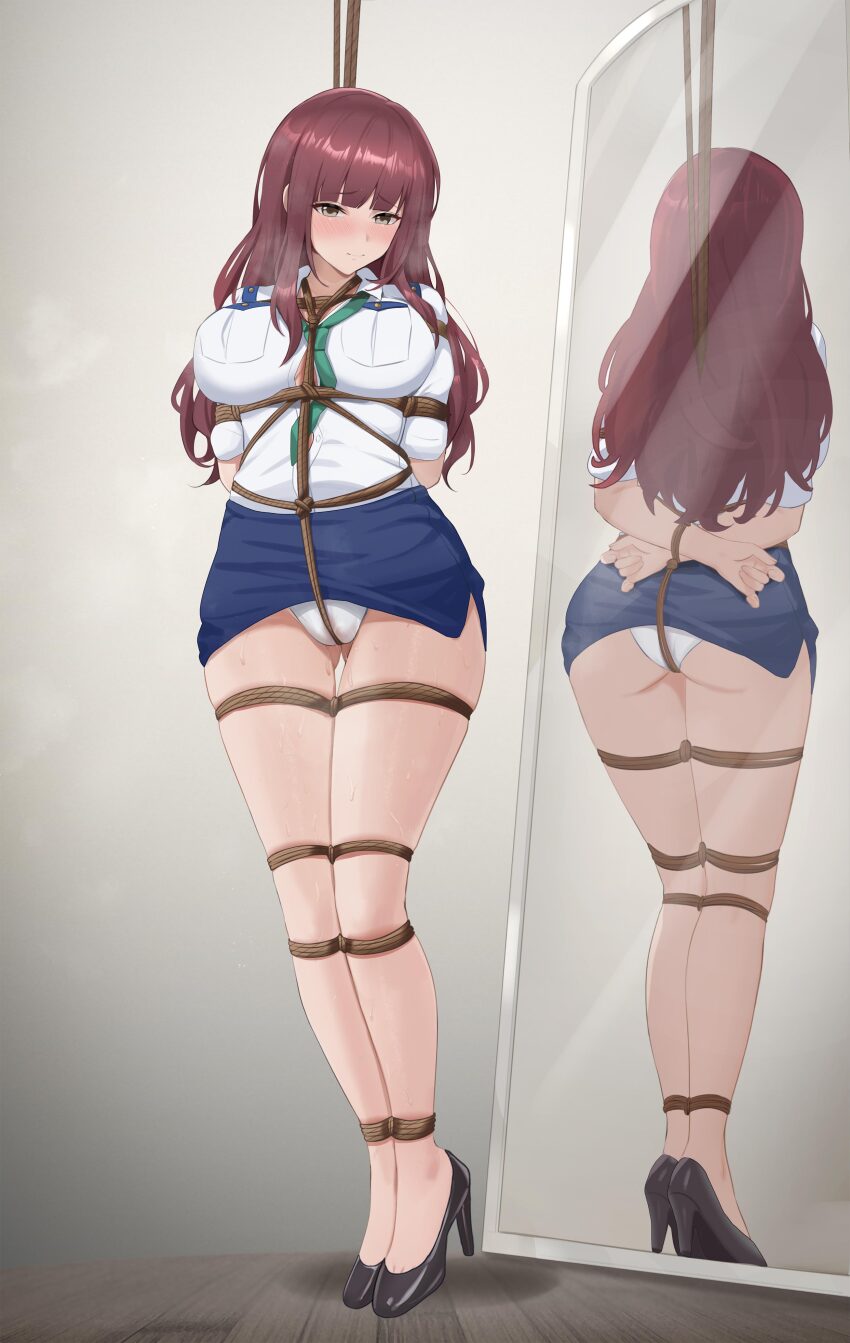 1girl absurdres arms_behind_back bare_legs bdsm black_shoes blunt_bangs blush bondage bound bound_ankles bound_arms bound_legs breast_bondage breasts brown_eyes brown_hair cbmus closed_mouth clothes_lift collared_shirt commentary_request commission crotch_rope full-length_mirror full_body green_necktie higashikata_yuuki high_heels highres indoors large_breasts legs long_hair mirror necktie panties pixiv_commission reflection restrained rope roppongi_sadistic_night shibari shibari_over_clothes shirt shoes short_sleeves skirt skirt_lift solo thighs underwear white_panties white_shirt