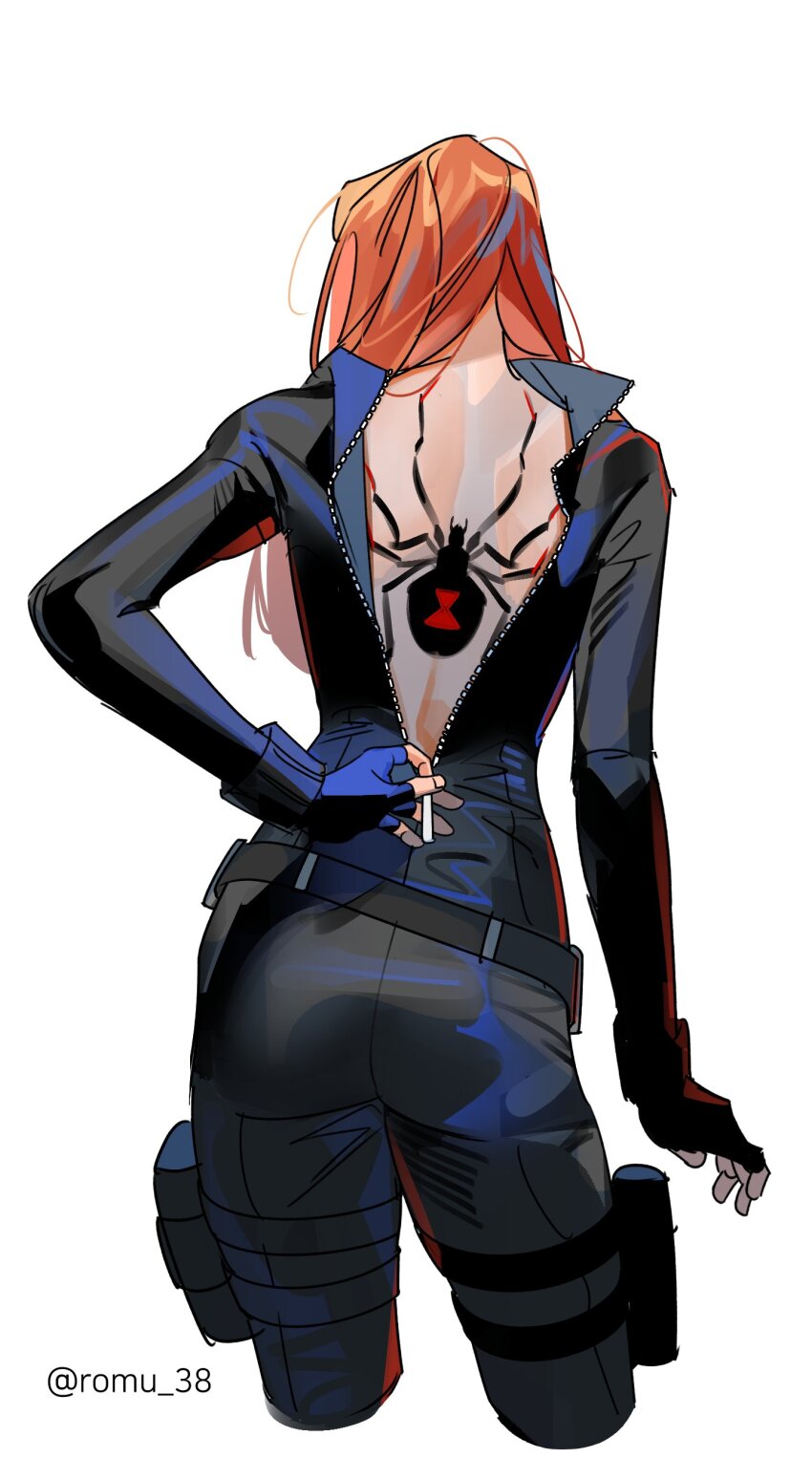 1girl absurdres artist_name back back_tattoo belt black_belt black_bodysuit black_gloves black_widow black_widow_(spider) bodysuit captain_america:_the_winter_soldier captain_america_(series) cowboy_shot fingerless_gloves fingernails gloves hand_up highres karmaho long_hair marvel marvel_cinematic_universe natasha_romanoff open_bodysuit open_clothes orange_hair simple_background solo standing superhero_costume tattoo thigh_strap white_background zipper