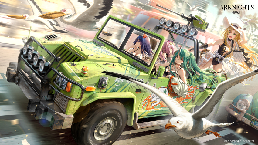 4girls :d absurdres arknights bare_shoulders bird black_one-piece_swimsuit blonde_hair blue_hair browning_m2 car ch&#039;en_(arknights) ch&#039;en_the_holungday_(arknights) dragon_horns driving female_focus flower green_car green_hair gun hair_flower hair_ornament hat heavy_machine_gun highres horns hoshiguma_(arknights) lin_(arknights) long_hair machine_gun motor_vehicle multiple_girls official_alternate_costume official_art one-piece_swimsuit open_mouth outdoors pelican pinakes pink_hair ponytail red_eyes red_flower seagull single_horn smile sun_hat swimsuit swire_(arknights) vehicle_focus very_long_hair weapon white_headwear
