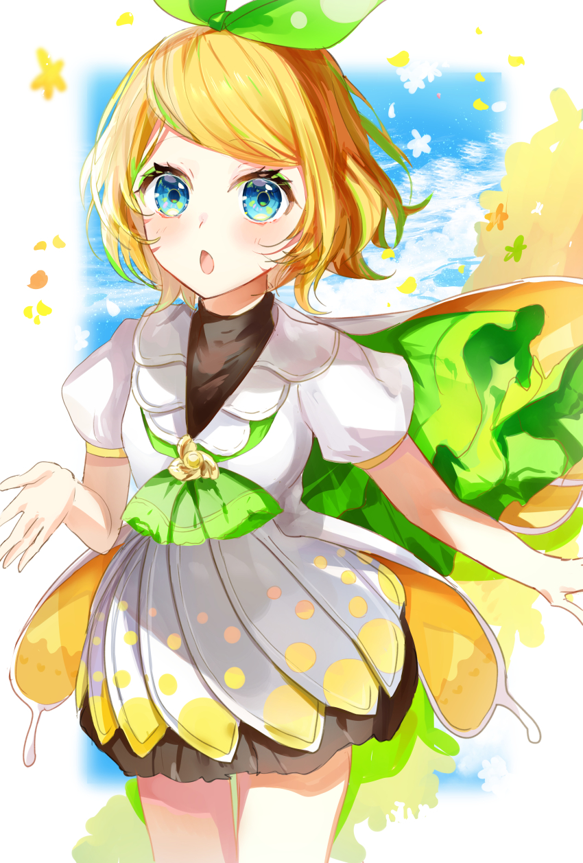 1girl :o absurdres blonde_hair blue_eyes blush bow cape colored_tips cowboy_shot dress flower green_bow hair_bow highres kagamine_rin layered_skirt looking_at_viewer magical_mirai_(vocaloid) magical_mirai_rin magical_mirai_rin_(2021) multicolored_hair neckerchief ocean open_hand open_mouth short_dress short_hair skirt solo streaked_hair swept_bangs tsukasa_(pixiv34617881) vocaloid water white_dress