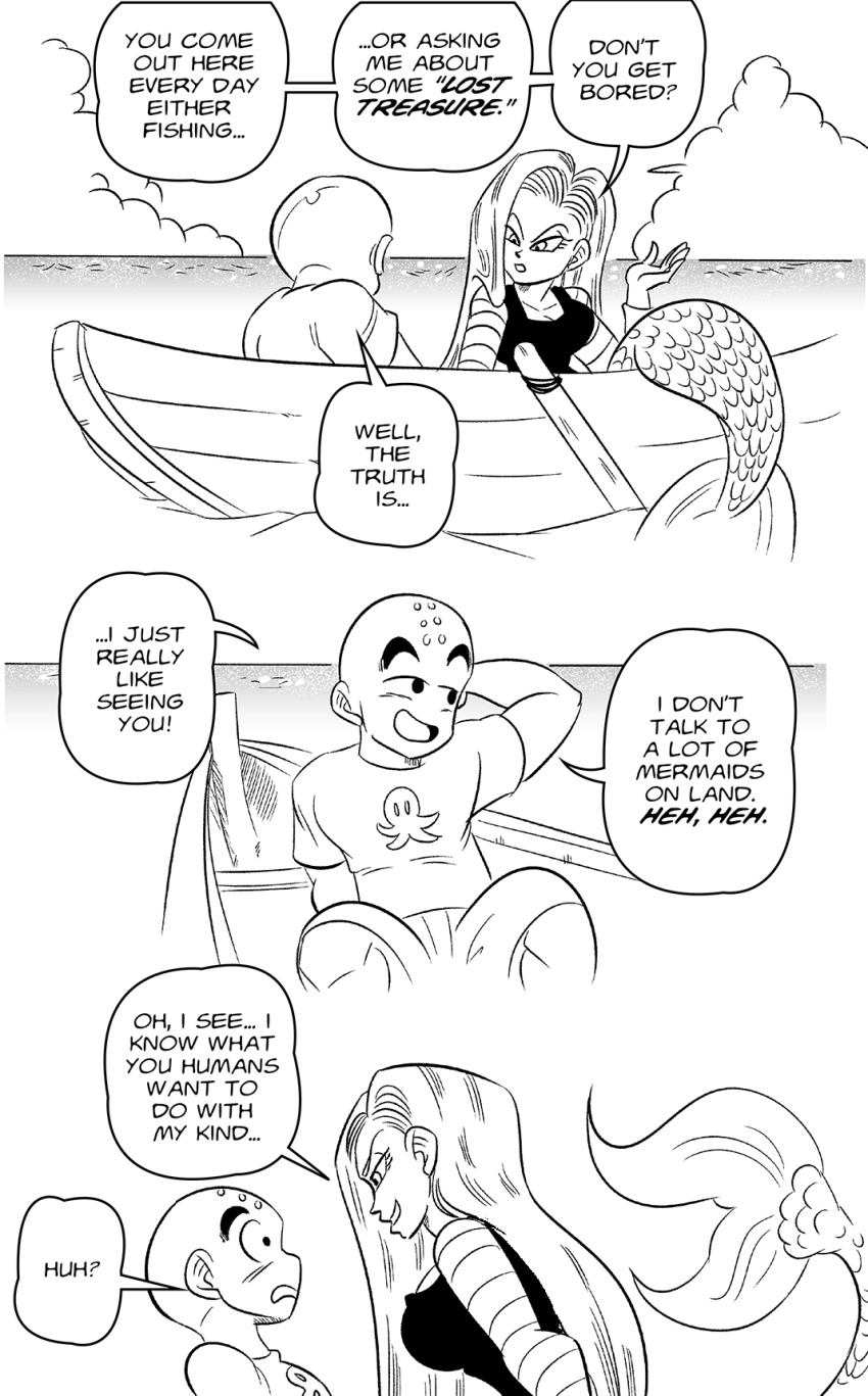 1boy 1girl android_18 bald black_shirt boat breasts cloud comic dragon_ball english_text fins fish_tail funsexydb greyscale highres kuririn large_breasts long_hair mermaid monochrome monster_girl oars ocean scales shirt speech_bubble striped_sleeves tail thick_eyebrows watercraft