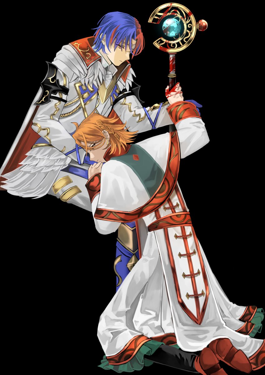 2boys absurdres male_alear_(fire_emblem) black_background blood blue_hair fire_emblem fire_emblem_engage highres holding holding_staff implied_yaoi invisible_chair kneeling long_sleeves male_focus multicolored_hair multiple_boys nintendo omlililimo orange_hair pandreo_(fire_emblem) priest red_hair robe short_hair sitting staff two-tone_hair