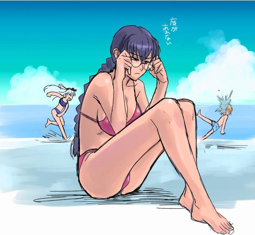 1boy 2girls barefoot bikini black_hair black_lagoon blue_bikini blue_male_swimwear blue_swim_trunks braid breasts cleavage closed_mouth full_body glasses hiroe_rei large_breasts long_hair male_swimwear multiple_girls pink_bikini roberta_(black_lagoon) smile swim_trunks swimsuit topless_male twin_braids