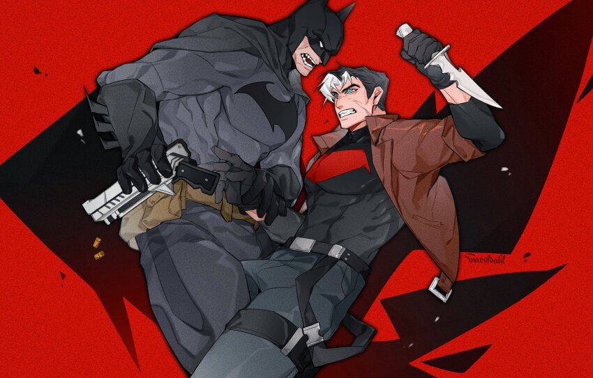 2boys bat_signal batman batman_(series) batman_symbol belt black_bodysuit black_cape black_gloves black_hair blossviaryl blue_eyes bodysuit brown_jacket bruce_wayne cape cowl dc_comics gloves grey_bodysuit highres holding jacket jason_todd male_focus mask multicolored_hair multiple_boys muscular muscular_male open_clothes pants pectorals red_hood_(dc) short_hair superhero_costume taut_bodysuit two-tone_bodysuit two-tone_hair utility_belt