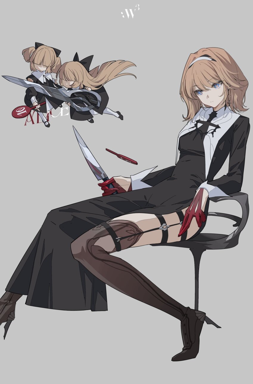 3girls absurdres alice_margatroid alternate_costume black_dress blonde_hair blue_eyes china_dress chinese_clothes dress grey_background high_heels highres holding holding_knife hourai_doll knife multiple_girls reeh_(yukuri130) shanghai_doll short_hair touhou