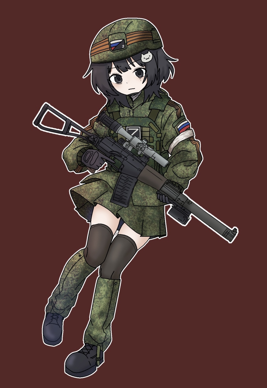 1girl adapted_costume as_val assault_rifle bandaged_arm bandages black_eyes black_hair black_thighhighs bulletproof_vest camouflage camouflage_skirt cat_hair_ornament chin_strap combat_helmet gloves gun hair_ornament helmet highres holding holding_gun holding_weapon jephy_0 kalashnikov_rifle korean_commentary leg_warmers load_bearing_vest military_combat_uniform military_uniform original outline red_background ribbon_of_saint_george rifle russian_flag russian_ground_forces scope simple_background skirt solo thighhighs weapon white_outline z_(russian_symbol)