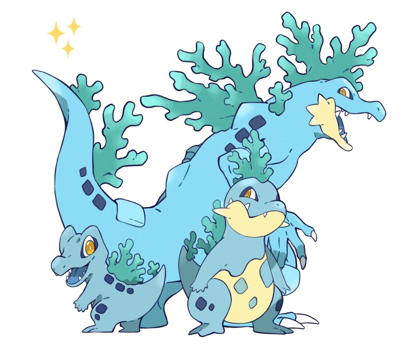 alternate_color alternate_design alternate_shiny_pokemon blue_skin blue_tongue claws colored_skin colored_tongue coral croconaw evolutionary_line feraligatr gen_2_pokemon highres nintendo no_humans open_mouth orange_eyes pokemon pokemon_(creature) sharp_teeth simple_background slit_pupils standing tail teeth totodile white_background wulie_errr