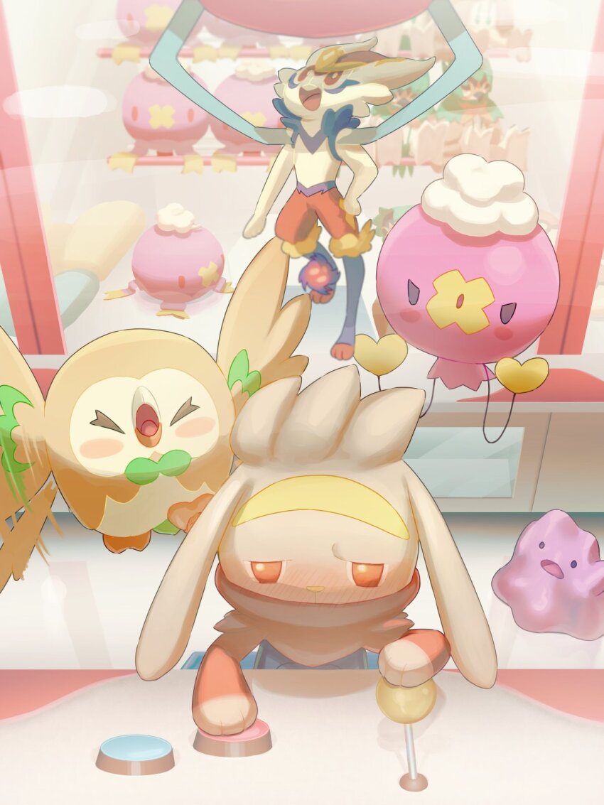 bird black_eyes blush blush_stickers brown_eyes character_doll cinderace closed_eyes commentary_request controller crane_game ditto doll drifblim drifloon gen_1_pokemon gen_4_pokemon gen_7_pokemon gen_8_pokemon highres joystick mokukitusui nintendo no_humans open_mouth pokemon pokemon_(creature) raboot rowlet tongue