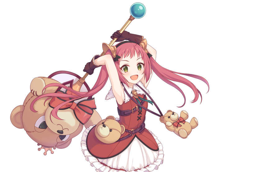 1girl ayane_(princess_connect!) black_gloves dress gloves green_eyes holding holding_weapon long_hair official_art princess_connect! red_hair skirt stuffed_animal stuffed_toy tachi-e teddy_bear transparent_background twintails weapon white_skirt