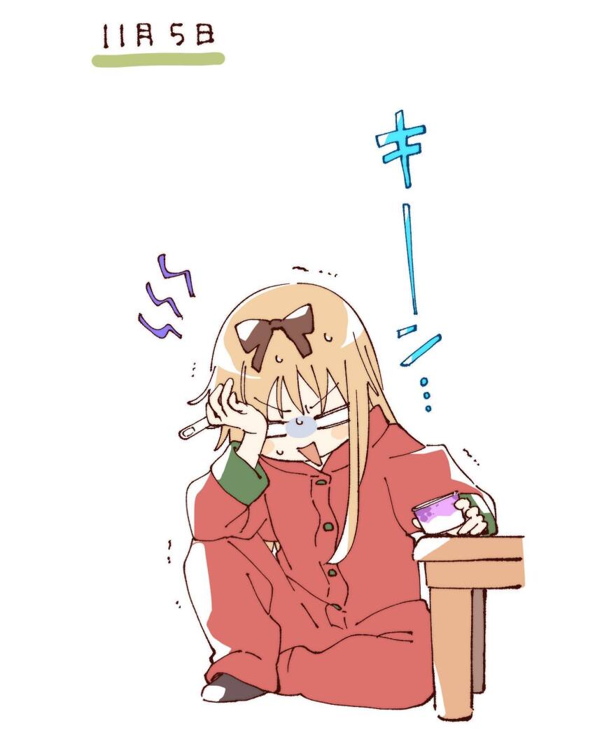 1girl black_socks blank_eyes blonde_hair blush_stickers bow brown_bow buttons cowboy_shot full_body hair_bow hashtag-only_commentary highres holding holding_spoon hood hood_down long_hair long_sleeves namori open_mouth sitting socks solo spoon sweat tomato_costume toshinou_kyouko trembling turn_pale v-shaped_eyebrows white_background yuruyuri