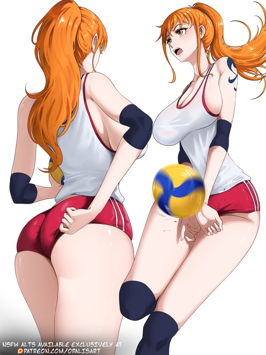 1girl adjusting_clothes ass ball breasts buruma elbow_pads highres large_breasts long_hair nami_(one_piece) one_piece opalis open_mouth orange_hair playing_sports shirt shorts simple_background sleeveless sleeveless_shirt solo sportswear tattoo volleyball volleyball_(object) volleyball_uniform
