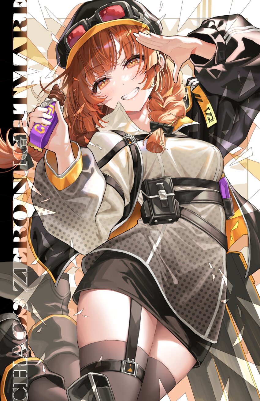 1girl absurdres arm_up beryl_(chaos_zero_nightmare) black_hat black_skirt braid breasts chaos_zero_nightmare commentary english_commentary goggles goggles_on_headwear grey_shirt grey_thighhighs grin guest_art hair_ribbon hand_up hat highres holding legs_up long_hair long_sleeves looking_at_viewer medium_breasts miniskirt official_art okuma_mai orange_eyes orange_hair puffy_long_sleeves puffy_sleeves ribbon second-party_source shirt skirt smile solo thighhighs tress_ribbon zettai_ryouiki