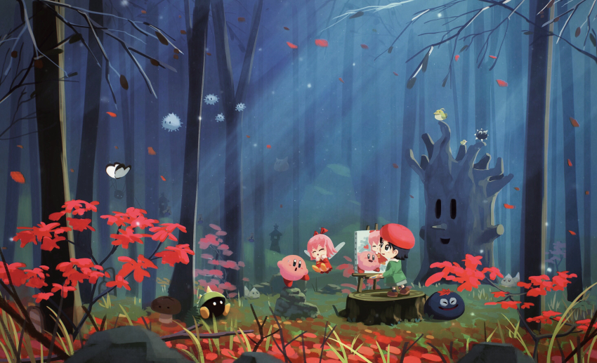 2girls adeleine black_hair bug butterfly chip_(kirby) dress easel flower forest gooey_(kirby) gordo grass highres insect kirby kirby&#039;s_dream_land_3 kirby_(series) kirby_64 mariel_(kirby) multiple_girls nature nintendo pasara_(kirby) pink_hair pitch_(kirby) punc_(kirby) red_dress red_headwear ribbon_(kirby) rock scarfy smile smock suyasuyabi whispy_woods