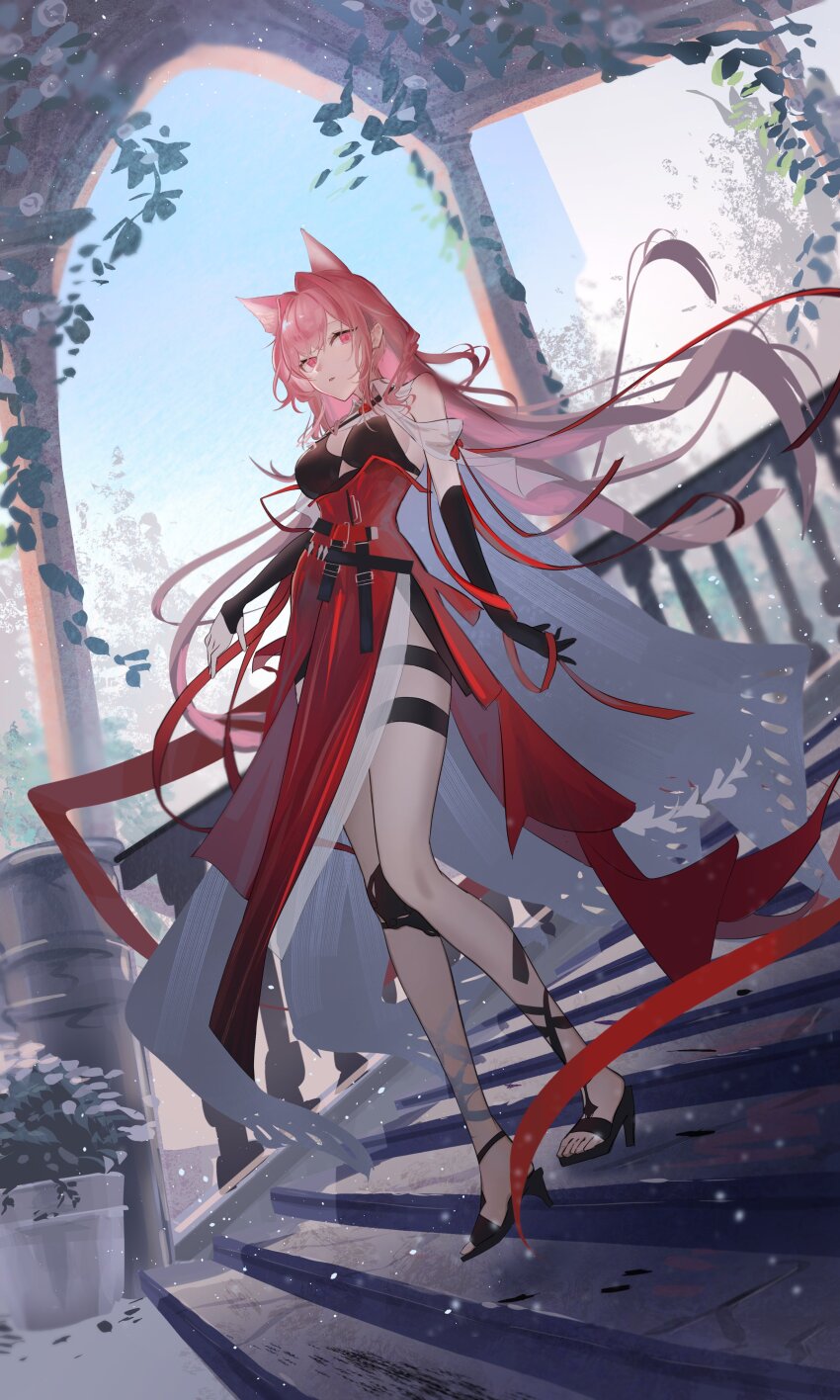 1girl absurdres animal_ears arknights asymmetrical_gloves black_bra black_gloves bra breasts cat_ears elbow_gloves extra_ears fingerless_gloves gloves hair_intakes high-waist_skirt high_heels highres long_hair medium_breasts mismatched_gloves natsuba002 pink_eyes pink_hair pozyomka_(arknights) red_ribbon red_skirt ribbon single_fingerless_glove skirt solo stairs standing thigh_strap underwear very_long_hair