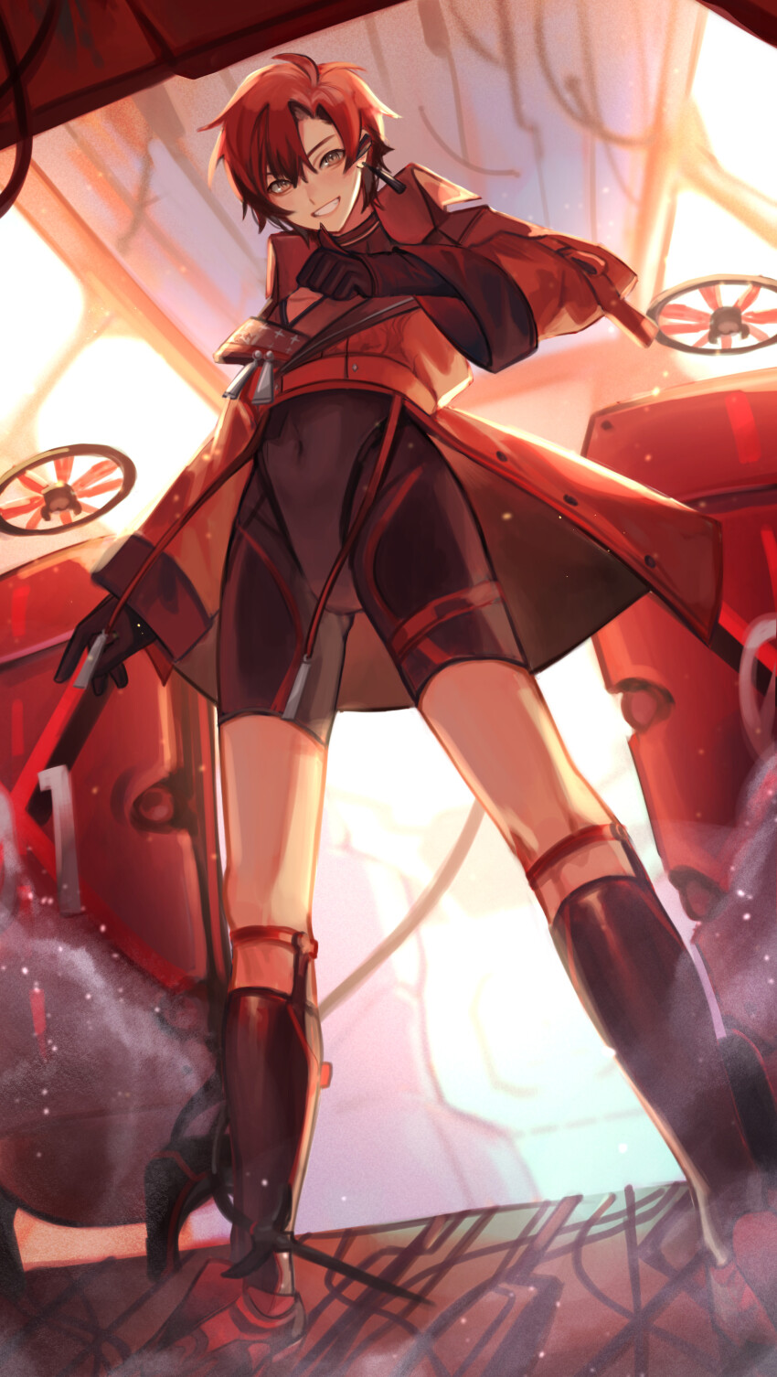 1boy absurdres bishounen black_bodysuit black_gloves black_leotard bodysuit covered_navel from_below full_body gloves highres holostars holostars_english leotard looking_at_viewer machina_x_flayon male_focus piuriem red_eyes red_hair red_shoes shoes short_hair skin_tight smile solo standing thighhighs thighs virtual_youtuber zettai_ryouiki