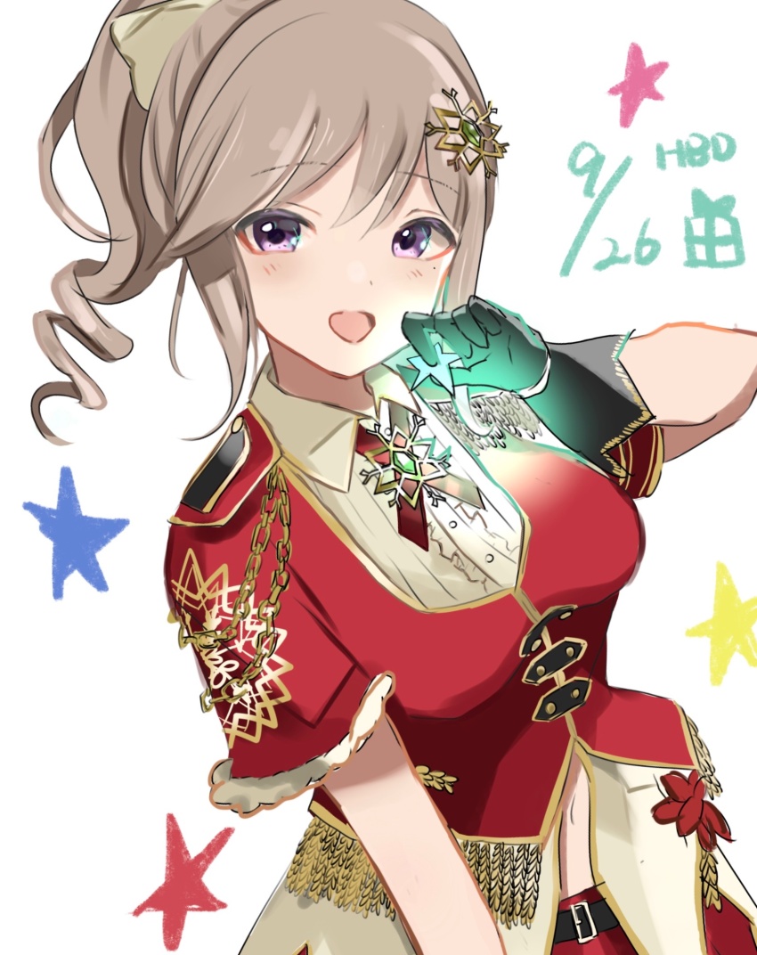1girl :d aiguillette arm_at_side black_gloves blush bow breasts brooch brown_hair buttons center_frills collared_shirt cowboy_shot dated dot_nose drill_hair drill_ponytail dutch_angle frilled_shirt frills fringe_trim gloves hair_between_eyes hair_bow hair_ornament happy_birthday highres holding holding_star idoly_pride jewelry large_breasts layered_shirt long_hair looking_at_viewer navel neck_ribbon open_mouth purple_eyes red_ribbon red_shirt ribbon shiraishi_saki shirt simple_background smile snowflake_brooch snowflake_hair_ornament solo star_(symbol) stomach teritama_(teripla) white_background white_shirt