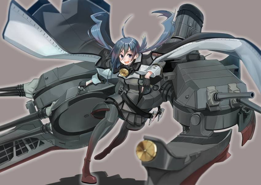 1girl :d absurdres ahoge black_gloves boots cosplay derivative_work echo-kilo full_body gloves grey_hair hair_between_eyes highres kantai_collection kiyoshimo_(kancolle) long_hair long_sleeves looking_at_viewer low_twintails machinery musashi_(kancolle) musashi_(kancolle)_(cosplay) musashi_kai_ni_(kancolle) open_mouth partially_fingerless_gloves smile solo thigh_boots twintails very_long_hair