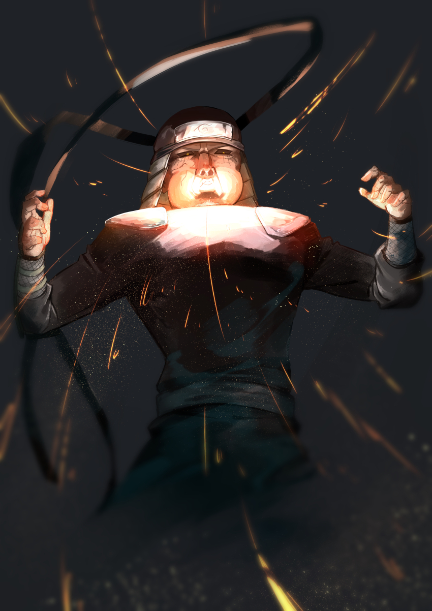 1boy absurdres black_sclera colored_sclera commentary_request ebata_kyouhei edo_tensei facial_hair facial_mark glowing goatee hat highres holding_breath konohagakure_symbol male_focus naruto_(series) naruto_shippuuden old old_man sarutobi_hiruzen solo