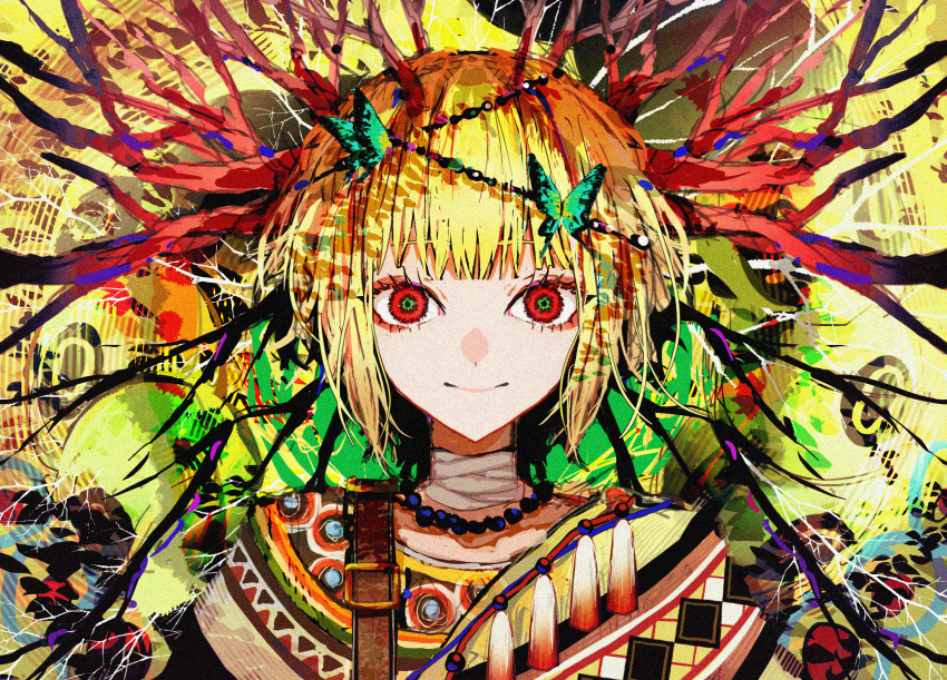 1girl abstract bandaged_neck bandages blonde_hair branch bug butterfly closed_mouth glaring hidariri highres insect looking_at_viewer original red_eyes smile solo straight-on yellow_theme