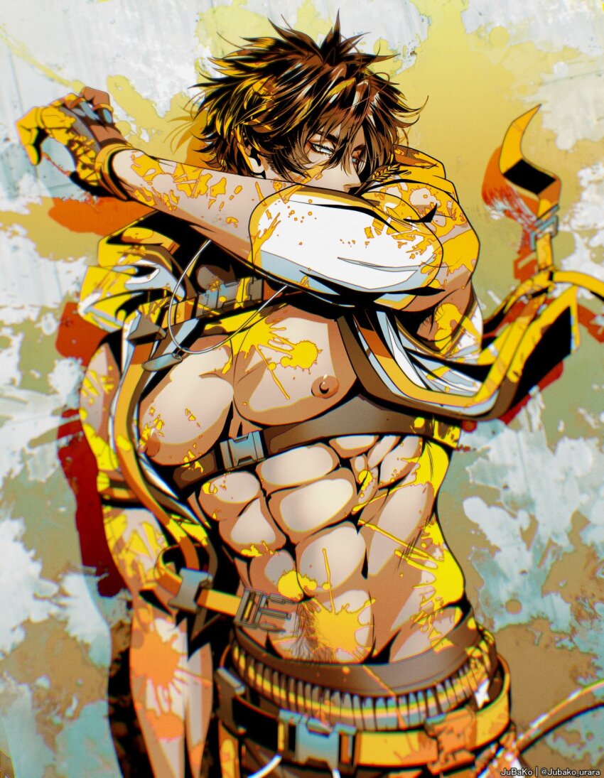 1boy abs belt brown_hair fingerless_gloves gloves highres indie_virtual_youtuber jacket jubako_(nest_of_boxes) kite_hasegawa male_focus muscular muscular_male open_clothes open_jacket paint_splatter yellow_eyes