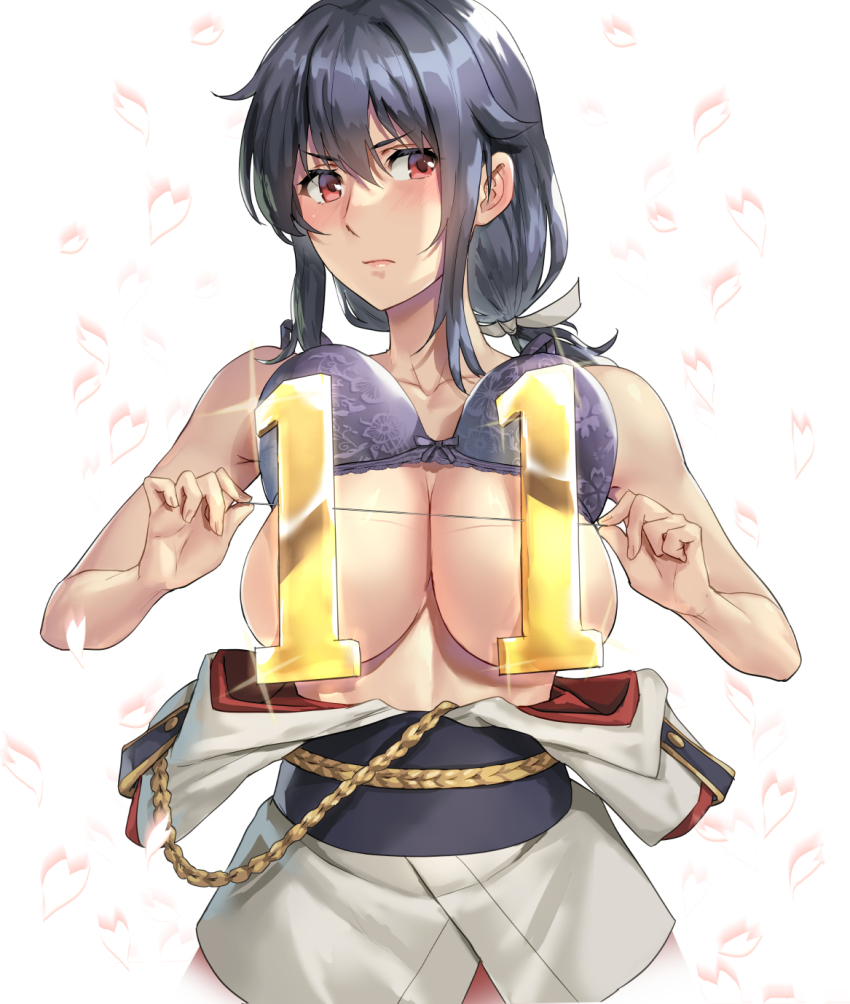 1girl anniversary black_hair blush bra bra_lift breasts closed_mouth clothes_down clothes_lift commentary_request convenient_censoring embarrassed falling_petals hair_ribbon highres holding holding_string japanese_clothes kantai_collection kimono kokuzou large_breasts long_hair looking_at_viewer low_ponytail petals ponytail purple_bra red_eyes ribbon solo string underwear white_background white_kimono white_ribbon yamashiro_(kancolle)