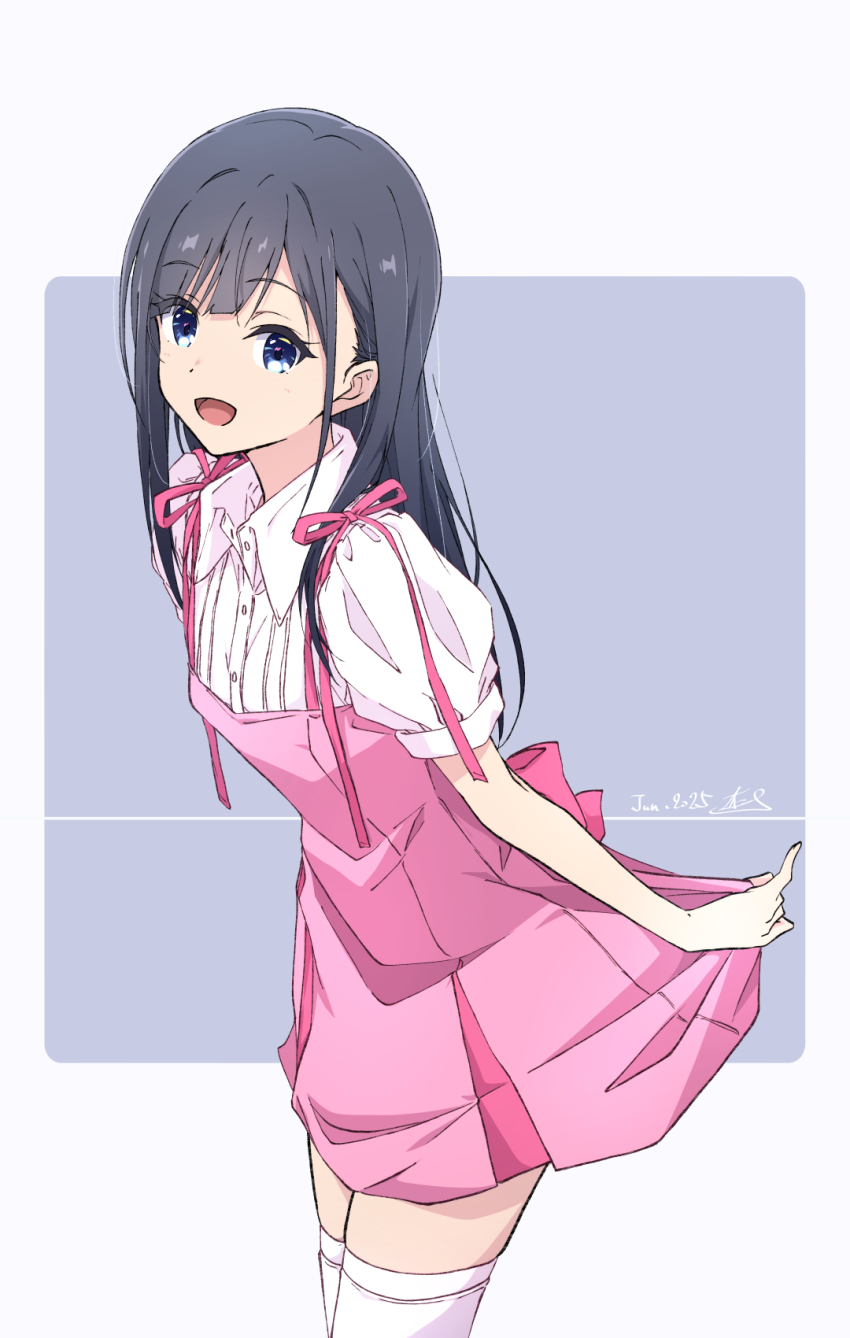 1girl :d black_hair blue_eyes commentary_request dated dress highres long_hair looking_at_viewer monai-chan_(nii_manabu) nii_manabu open_mouth original pink_dress pink_ribbon ribbon shirt short_sleeves signature smile solo thighhighs white_shirt white_thighhighs zettai_ryouiki