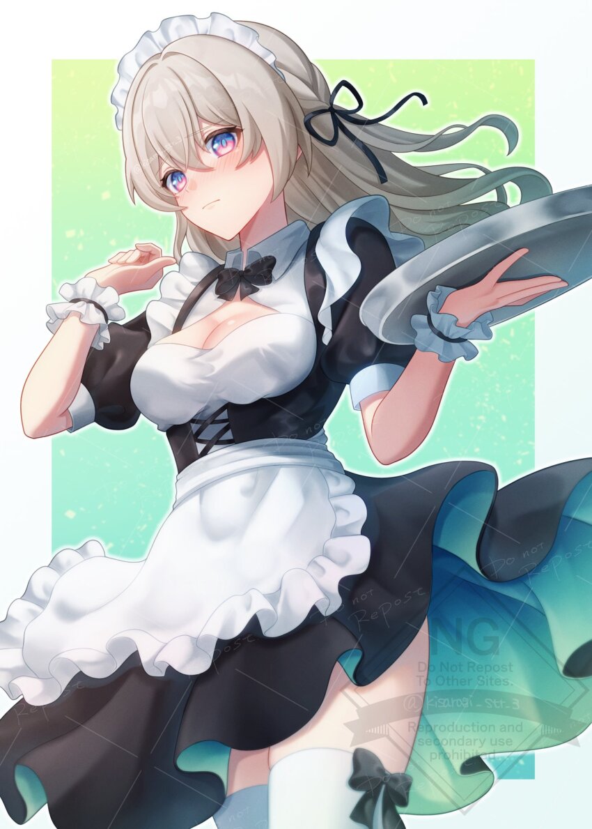 apron blush breasts cleavage dress firefly_(honkai:_star_rail) frilled_bracelet grey_hair hair_between_eyes hair_intakes hair_ribbon highres holding holding_plate honkai:_star_rail honkai_(series) kisaragi_yyyui maid maid_apron maid_headdress neck_ribbon plate ribbon ribbon-trimmed_thighhighs ribbon_trim thighhighs