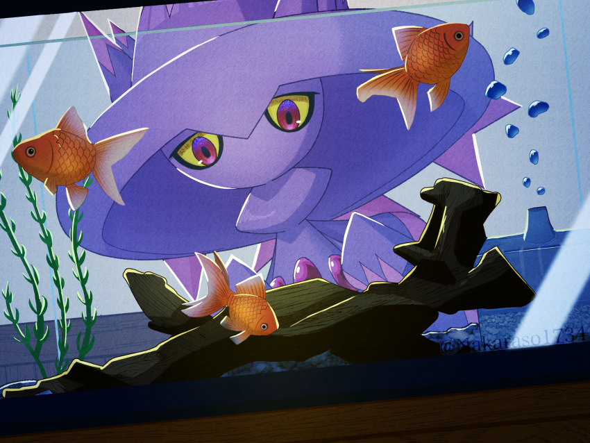 absurdres air_bubble bubble colored_sclera commentary_request fish fish_tank game_freak gen_4_pokemon glass highres looking_down mismagius nakaraso_(xtns3483) nintendo no_humans no_mouth pokemon pokemon_(creature) red_eyes yellow_sclera