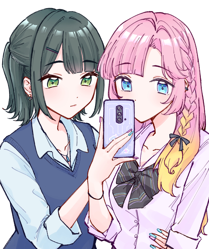 2girls :/ alternate_costume alternate_hairstyle anyoji_hime black_bow black_bowtie black_ribbon blonde_hair blue_eyes blue_nails bow bowtie braid breasts brown_sweater_vest cellphone closed_mouth collarbone expressionless gradient_hair green_eyes green_hair gyaru hair_intakes hair_ornament hair_ribbon hairclip half_updo hand_on_another&#039;s_waist highres holding holding_phone kogal link!_like!_love_live! long_hair love_live! medium_breasts momose_ginko multicolored_hair multicolored_nails multiple_girls phone pink_hair pink_nails ribbon school_uniform short_hair side_braid sidelocks simple_background smartphone sweater_vest two-tone_hair two-tone_nails upper_body virtual_youtuber white_background zangemiya
