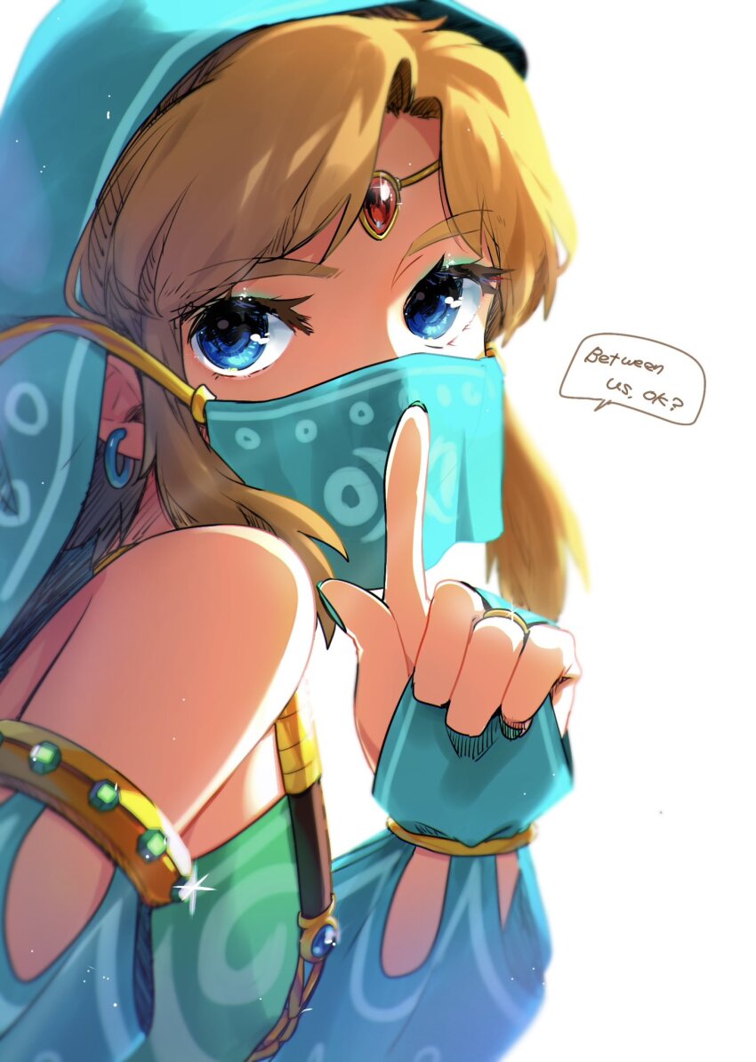 1boy aqua_nails blonde_hair blue_eyes blurry commentary covered_mouth crossdressing depth_of_field detached_sleeves earrings elf english_text eyeshadow finger_to_mouth gerudo_set_(zelda) highres index_finger_raised jewelry link looking_at_viewer makeup male_focus medium_hair mouth_veil nail_polish nintendo pointy_ears shushing simple_background solo speech_bubble talking the_legend_of_zelda the_legend_of_zelda:_breath_of_the_wild tkdnlerkdtpfsut trap upper_body veil white_background