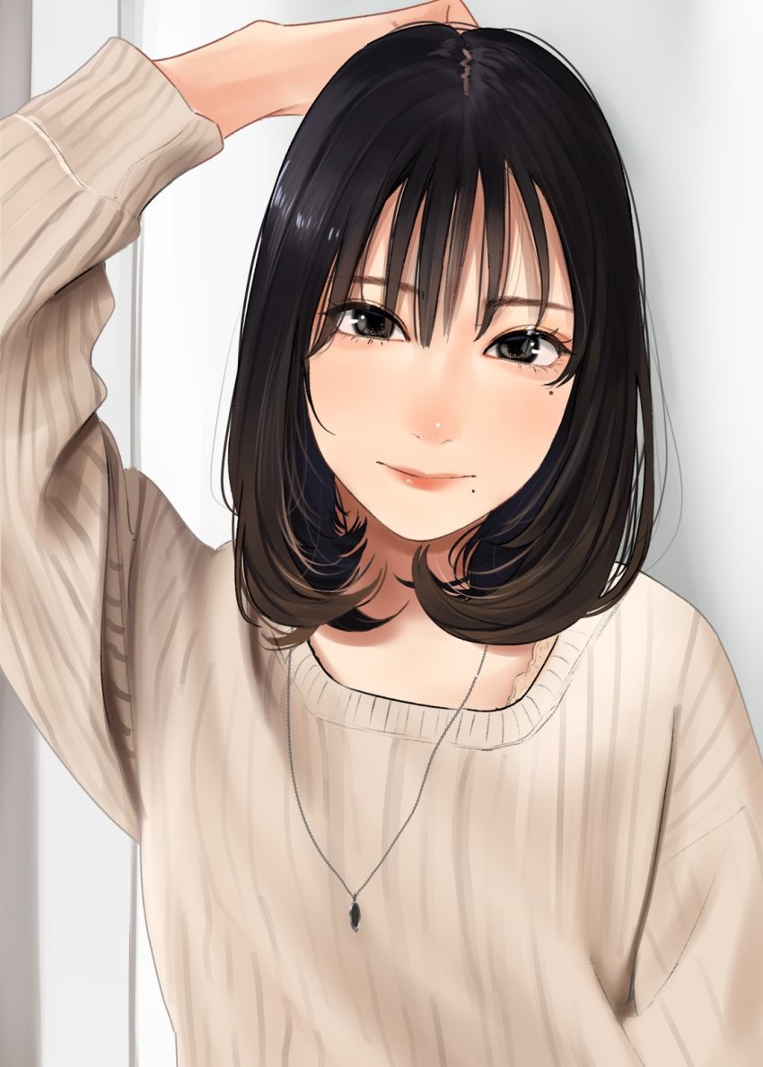 1girl arm_up black_eyes blush brown_cardigan brown_hair cardigan closed_mouth hand_up highres jewelry lips lipstick long_sleeves looking_at_viewer makeup medium_hair mole mole_under_eye necklace original saitou_(lynx-shrike) smile solo standing