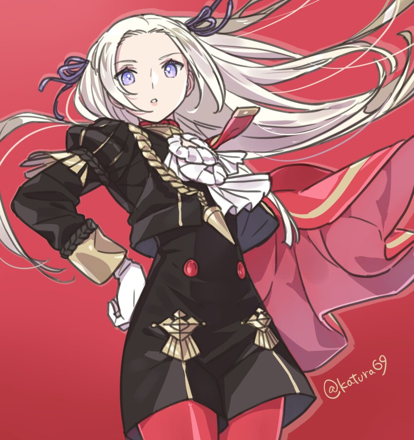 1girl absurdres ascot buttons cape commentary_request edelgard_von_hresvelg fire_emblem fire_emblem:_three_houses floating_hair forehead garreg_mach_monastery_uniform gloves hair_ribbon hand_on_own_hip highres katsura_ichiho long_hair looking_at_viewer nintendo pantyhose purple_eyes purple_ribbon red_cape red_pantyhose ribbon solo twitter_username very_long_hair white_ascot white_gloves white_hair