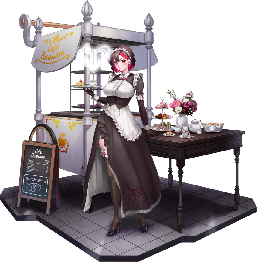 1girl apron armband asymmetrical_dress black_dress black_gloves black_ribbon black_shoes blush breasts brown_hair brown_thighhighs buttons cake cake_slice closed_mouth collar collared_dress colored_inner_hair cup d-log dress ear_piercing english_text floral_print flower food food_stand fork framed_breasts frilled_apron frilled_armband frilled_dress frilled_skirt frilled_thighhighs frills fruit full_body game_cg gloves hand_on_table high_heels highres holding holding_tray large_breasts last_origin layered_skirt long_skirt long_sleeves looking_at_viewer macaron maid maid_apron maid_headdress menu_board merlin_(last_origin) multicolored_hair multicolored_ribbon neck_ribbon official_alternate_costume official_art patent_heels piercing pink_flower pink_ribbon plate red_eyes red_hair red_soles ribbon sandwich shoes short_hair side_slit skirt slit_pupils smile smoke smoke_heart solo spoon strawberry strawberry_cake streaked_hair sweets table tachi-e teacup teapot thighhighs third-party_source tiered_tray transparent_background tray two-tone_hair underbust vase white_apron white_armband white_collar white_flower white_ribbon wooden_table