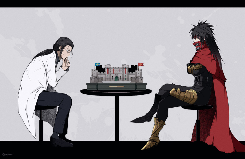 2boys armor cloak crossed_arms crossed_legs final_fantasy final_fantasy_vii final_fantasy_vii_rebirth final_fantasy_vii_remake glasses gold_armor hand_on_own_chin headband highres lab_coat long_hair looking_at_another multiple_boys nanao_(zonzonsh) on_stool ponytail professor_houjou queen&#039;s_blood red_cloak red_headband smile spiked_hair stool table vincent_valentine