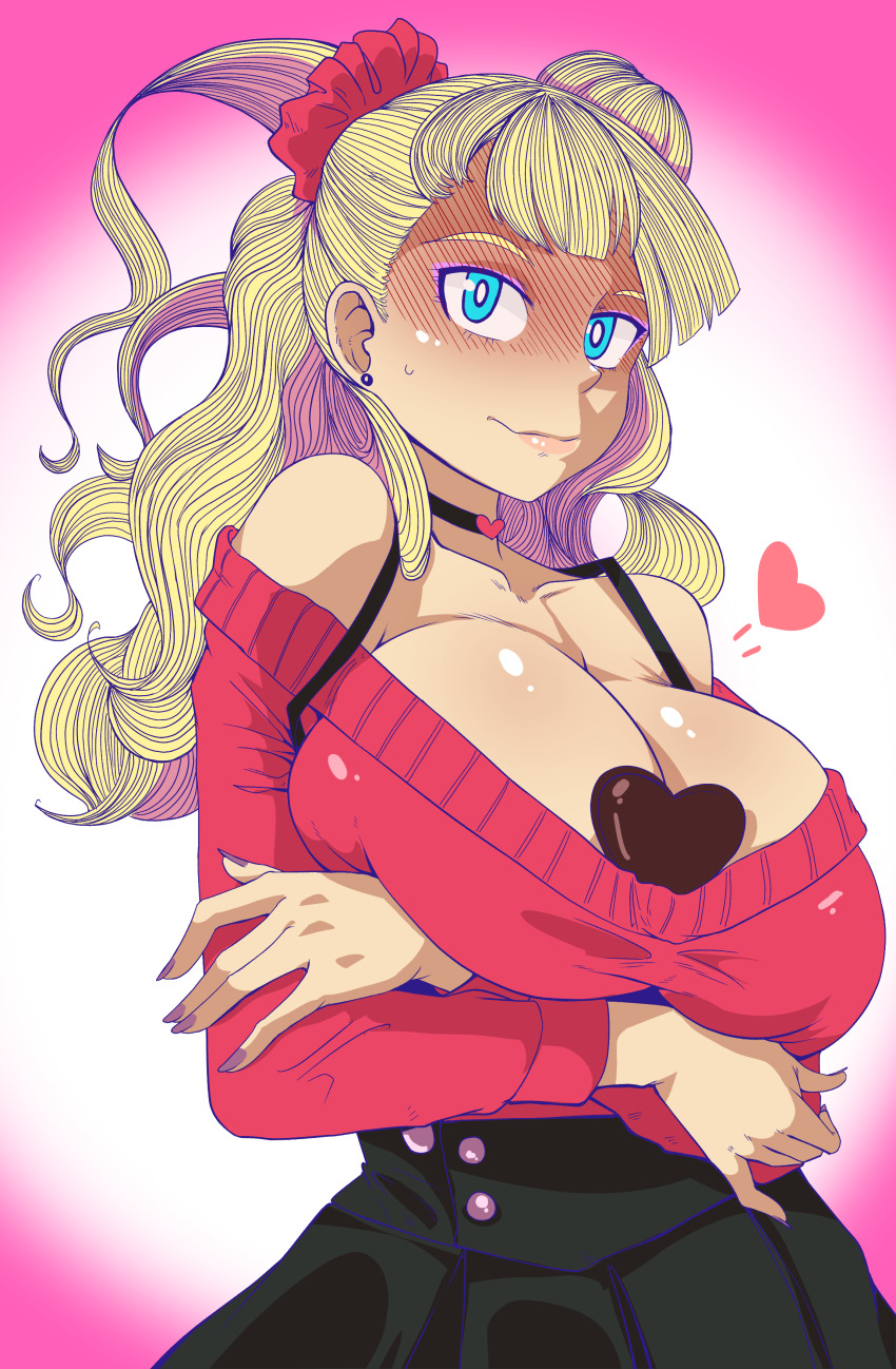 1girl absurdres asymmetrical_hair bare_shoulders between_breasts black_skirt blonde_hair blue_eyes breasts candy chocolate chocolate_heart choker cleavage closed_mouth collarbone cowboy_shot crossed_arms ecchipoo food galko gradient_background hair_bun hair_ornament hair_scrunchie heart highres huge_breasts lips long_sleeves looking_at_viewer oshiete!_galko-chan pink_background purple_nails red_sweater scrunchie shiny_skin side_ponytail skirt solo standing sweat sweater traced white_background