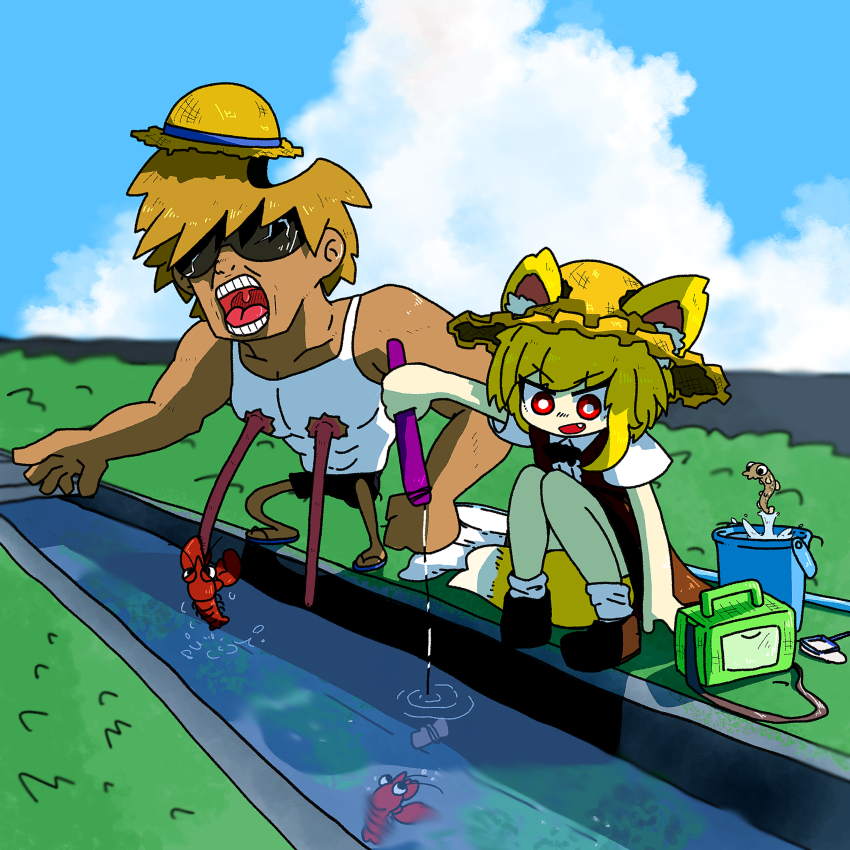 1boy 1girl absurdres animal_ears asymmetrical_hair black_bow black_bowtie blonde_hair blue_sky bow bowtie brown_footwear bucket butterfly_net center_frills cloud cookie_(touhou) crayfish day ears_through_headwear fang fishing fox_ears fox_girl fox_tail frills full_body hand_net hat highres insect_trap loose_socks manatsu_no_yo_no_inmu medium_hair miramikaru_riran muimui_(4242564muimui) nipples open_mouth outdoors red_eyes shirt shoes single_sidelock sky smile socks sun_hat sunglasses tail takuya_(acceed) tank_top white_shirt white_socks white_tank_top