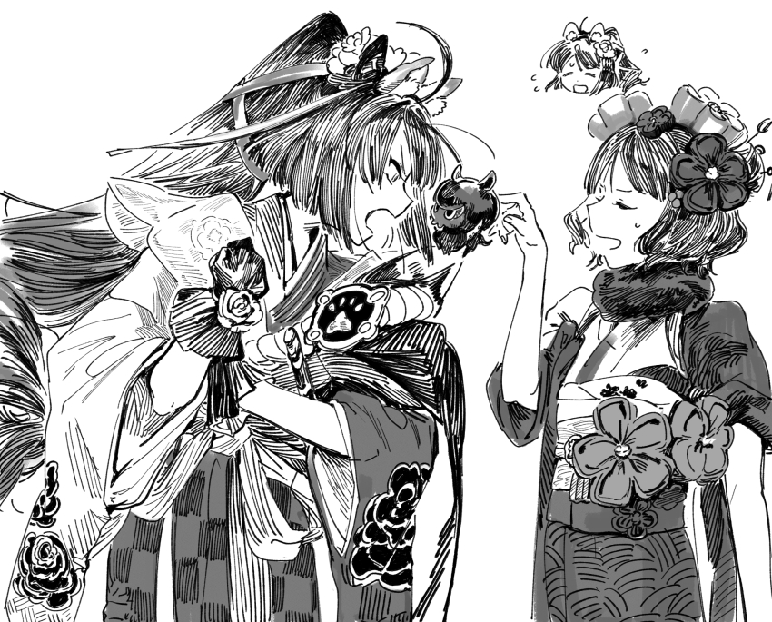 2girls ahoge arguing clenched_hand closed_eyes fate/grand_order fate_(series) gloves greyscale highres japanese_clothes katsushika_hokusai_(fate) kimono kyokutei_bakin_(fate) kyokutei_bakin_(second_ascension)_(fate) long_hair monochrome multiple_girls octopus ponytail qmiqun tokitarou_(fate) wide_sleeves