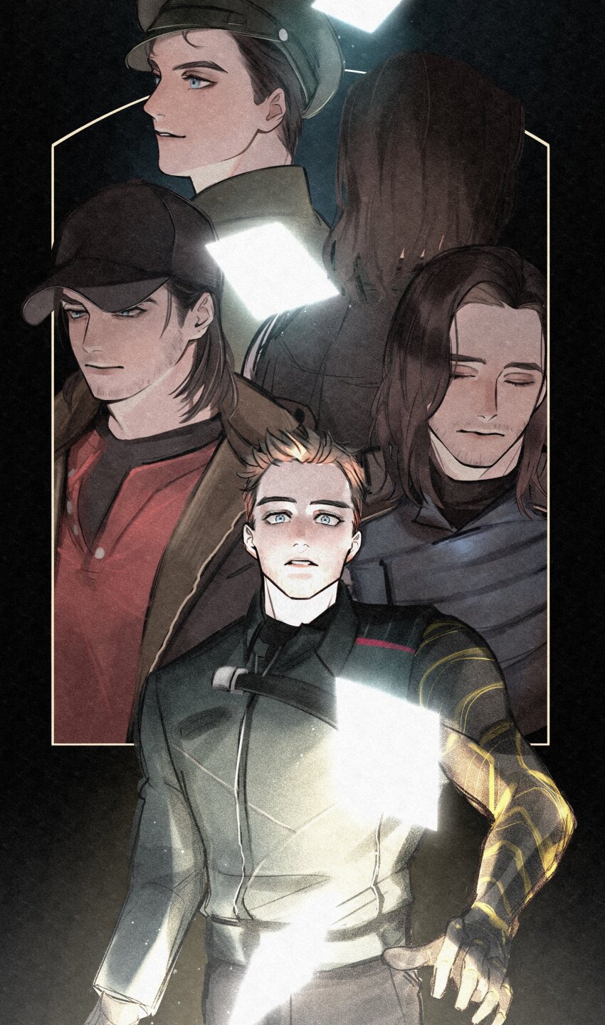 5boys absurdres avengers:_infinity_war avengers_(series) back black_bodysuit black_hat black_pants blue_eyes blue_jacket bodysuit brown_hair brown_jacket bucky_barnes captain_america:_civil_war captain_america:_the_first_avenger captain_america:_the_winter_soldier captain_america_(series) closed_eyes closed_mouth facial_hair green_hat green_jacket hat highres hood hooded_jacket jacket lapels long_sleeves looking_at_viewer looking_to_the_side male_focus marvel marvel_cinematic_universe military_hat military_jacket military_uniform multiple_boys multiple_persona open_clothes open_jacket pants prosthesis prosthetic_arm red_shirt rrr_be shirt short_hair standing teeth the_falcon_and_the_winter_soldier visor_cap winter_soldier