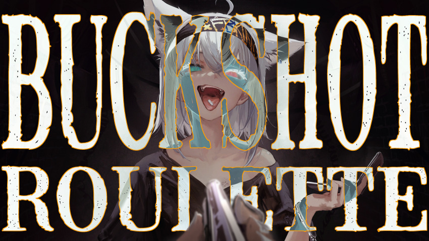 1girl absurdres ahoge animal_ears aqua_eyes black_background black_headband black_shirt buckshot_roulette cellphone copyright_name cuffs double-parted_bangs earrings fangs flip_phone fox_ears fox_girl gold_earrings gun handcuffs headband highres holding holding_phone holding_weapon hololive hyde_(tabakko) jewelry looking_at_viewer medium_hair off_shoulder official_alternate_costume open_mouth phone pill shirakami_fubuki shirakami_fubuki_(loungewear) shirt shotgun sidelocks single_off_shoulder tongue tongue_out virtual_youtuber weapon white_hair
