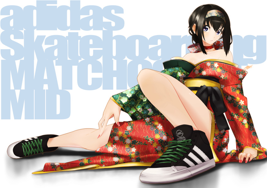 1girl absurdres adidas adidas_matchcourt bare_shoulders bikini blue_eyes blue_hairband bow breasts choker cleavage collarbone green_kimono hairband hand_on_own_leg head_tilt highres japanese_clothes kimono looking_at_viewer medium_breasts mizuki_shizuka_(silenxe) multicolored_bikini nail_polish obi off_shoulder orange_nails original red_bikini red_bow red_choker sash shadow shoes silenxe sneakers solo swimsuit two-tone_bikini white_background