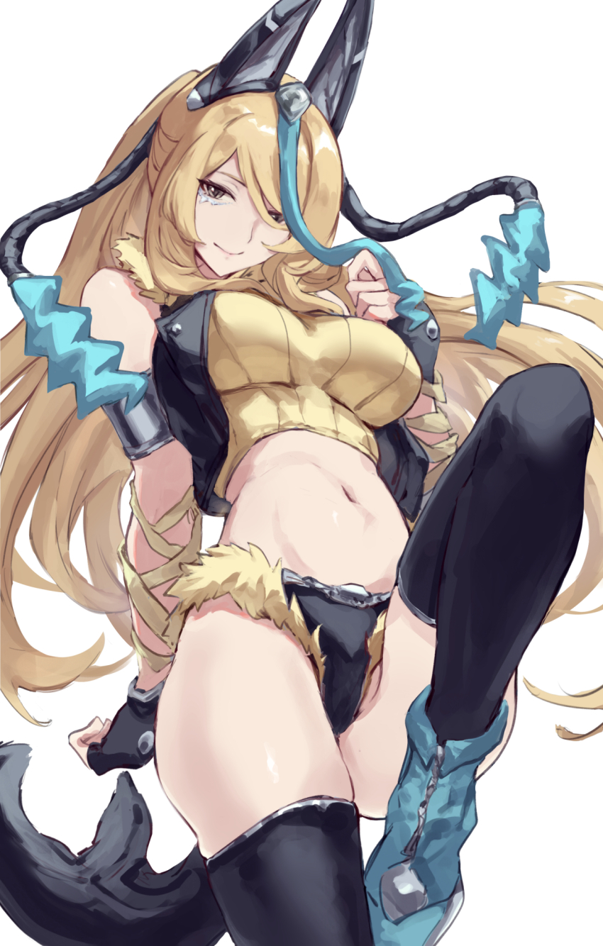 1girl animal_ears black_gloves black_thighhighs blonde_hair breasts commentary_request cosplay cynthia_(pokemon) fake_animal_ears fingerless_gloves fur-trimmed_shorts fur_trim gen_4_pokemon gloves grey_eyes high_ponytail highres jojobirdz large_breasts long_hair lucario mega_lucario_z mega_lucario_z_(cosplay) micro_shorts navel nintendo pokemon pokemon_legends:_z-a ponytail shorts simple_background solo stomach tail thighhighs very_long_hair white_background