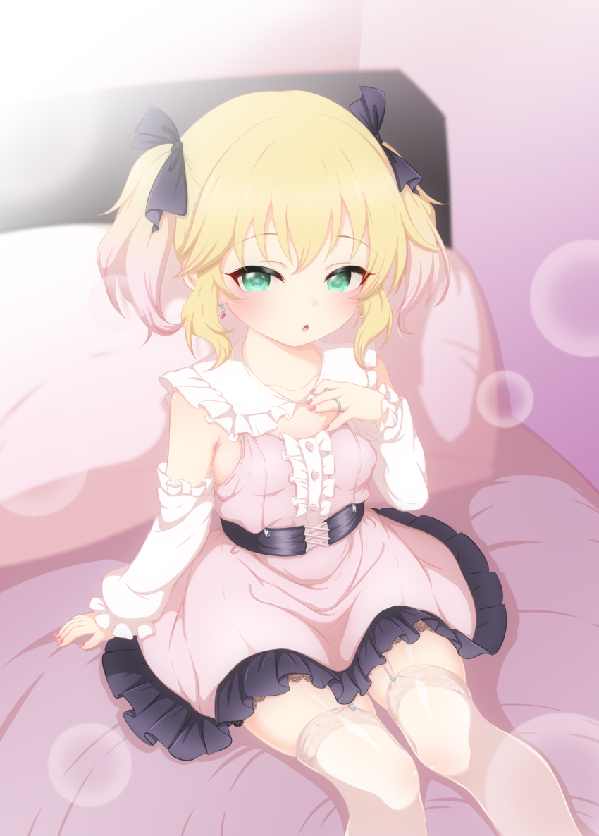 1girl aqua_eyes bed belt black_belt black_bow blonde_hair bow breasts chestnut_mouth collarbone commentary_request detached_sleeves dress earrings fingernails frilled_dress frills garter_straps hair_bow hand_on_bed hand_on_own_chest heart heart_earrings heart_in_eye highres hosizora_mikoto idolmaster idolmaster_cinderella_girls jewelry jirai_kei lace lace-trimmed_dress lace-trimmed_thighhighs lace_trim looking_at_viewer nail_polish on_bed open_mouth pillow pink_dress pink_nails ring sakurai_momoka sidelocks sitting small_breasts solo staring symbol_in_eye thighhighs twintails white_thighhighs