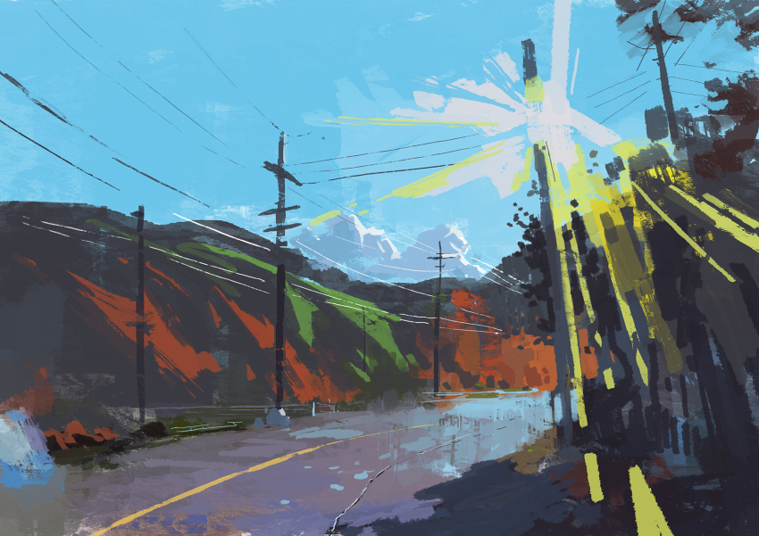 blue_sky cloud day highres highway lens_flare mountainous_horizon no_humans original painting_(medium) power_lines road scenery sky slow_d sunlight traditional_media tree utility_pole